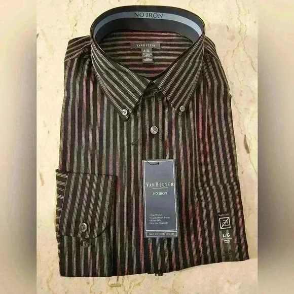 Van Heusen Mens Black Long Sleeve Dress Shirt with Gold Stripes NWT Large - Picture 1 of 4